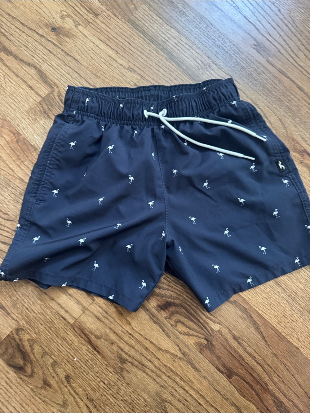 Hollister, men’s navy blue white flamingo swim trunks
